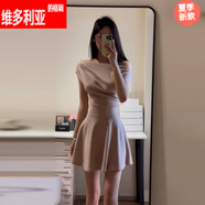 維多利亞的格調(diào)法式氣質(zhì)特別漂亮收腰斜肩露肩連衣裙子女夏季巨好看的掐腰小裙子 【卡其色】【輕熟小眾不撞款裙子 S 40/45kg