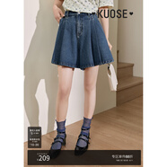 闊色（kuose）復(fù)古高腰百褶牛仔半身裙褲春夏新款女藍(lán)色a字短褲子 藍(lán)色 S