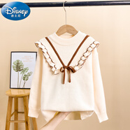 迪士尼女童毛衣女大童打底衫秋冬兒童加絨寶寶冬季花邊領(lǐng)圓領(lǐng)套頭針織衫 米白色 不加絨 110 cm