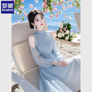 羅蒙海邊度假風(fēng)藍色雪紡露肩連衣裙女2025春夏新款超仙女法式掐腰長裙 藍色露肩連衣裙 XL 110-120斤