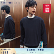 TOMMY HILFIGER25秋冬新款男裝條紋圓領(lǐng)打底衫/情侶純色毛衣/V領(lǐng)純棉針織衫 【純色繡標(biāo)毛衣】午夜藍FAP S  （推薦：120-135斤）