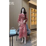 MODX夢(mèng)婷家優(yōu)雅渲染印花套裝設(shè)計(jì)感襯衫褶皺不規(guī)則半身裙-258 紅色 2XL (129-140斤)