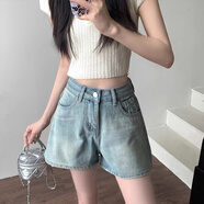 栢啟歆-美式復(fù)古高腰直筒牛仔褲女-顯瘦闊腿熱褲短褲 高腰闊腿短褲【L】