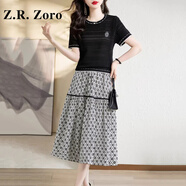 Z.R.Zoro奢侈品連衣裙女2025夏季新款小香風(fēng)圓領(lǐng)冰絲針織衫碎花半裙套裝女 黑色 2XL