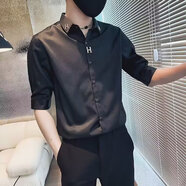 暢登港風(fēng)ins格子短袖襯衫男士夏季潮流痞帥小眾日系襯衣寬松大碼外套 黑色 【A893】 XL 130斤至145斤可穿