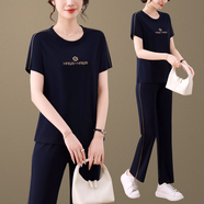 迪芝娜中年婦女洋氣運(yùn)動(dòng)服套裝夏季中老年圓領(lǐng)短袖T恤休閑兩件套媽媽裝 L1836黑色（T恤褲子 L L建議85-103斤