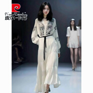 皮爾卡丹（pierre cardin）氣質(zhì)女神范法式氣質(zhì)高端精致文藝復古感印花白色雪紡連衣裙 白色連衣裙單件（【長(cháng)款】） M 【建議80-100斤】