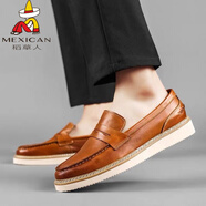 稻草人（MEXICAN）2025樂(lè )福鞋男套腳商務(wù)男鞋休閑鞋厚底帆船鞋一腳蹬皮鞋男頭層牛皮 桔色 40