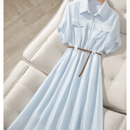 羅蒙短袖連衣裙女2025夏季新款韓版時(shí)尚氣質(zhì)百搭中長(cháng)款翻領(lǐng)收腰襯衫裙 藍色 S 建議100斤內