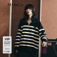 MO&Co.【美麗諾羊毛】 原創(chuàng)LOGO條紋毛衣翻領(lǐng)上衣女拉鏈毛衣針織衫 黑白條色-第2批 S 160