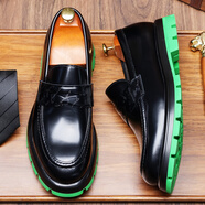 川左川右（CuzooCuyoo）樂(lè )福鞋男士亮面頭層牛皮商務(wù)休閑男新款百搭一腳蹬真皮厚底皮鞋男 黑色 37 皮鞋碼