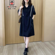 AEMAPE大碼休閑通勤POLO領(lǐng)連衣裙女2025夏季新款胖MM遮肉顯瘦拼條紋裙子 黑色 L -105-115斤