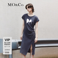 MO&Co.印花小飛袖高腰捏褶不規則開(kāi)叉小眾氣質(zhì)連衣裙女摩安珂 鋼灰色-第1批 M 165