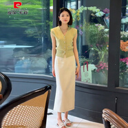 皮爾卡丹減齡套裝女夏季洋氣減齡開(kāi)衫短袖針織衫高腰A字一步半身裙兩件套 兩件套/綠色針織衫+杏色半裙 S 建議80-90斤