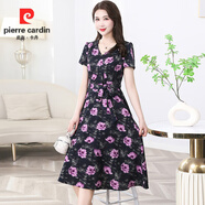 皮爾卡丹連衣裙法式碎花2025夏季新款收腰氣質(zhì)顯瘦雪紡長(cháng)裙裙子 黑底紫花+有口袋 XL 建議90-110斤