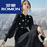 羅蒙輕奢女裝 新款連衣裙女2025年早春法式溫柔風(fēng)收腰刺繡秋天內 黑色 S