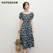 紅袖（hopeshow）方領(lǐng)連衣裙 女裝 碎花裙 藏青花 M