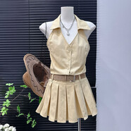 接運(yùn)貓2025夏季辣妹純欲風(fēng)掛脖翻領(lǐng)露背連衣裙韓版小個(gè)子高腰顯瘦百褶裙 黃色連衣裙 【配腰帶】 L  【推薦106-118斤】