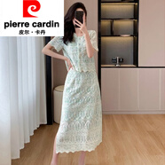 皮爾卡丹（pierre cardin）法式優(yōu)雅甜美氣質(zhì)減齡短袖蕾絲連衣裙套裝中長(zhǎng)裙設(shè)計(jì)感輕奢晚禮服 綠色原版 S