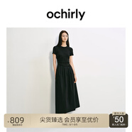 歐時力OCHIRLY 褶飾A字連衣裙長裙法式復古顯瘦2025年夏季新款女裝 黑色 XL