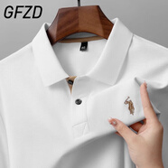 GFZD輕奢高端男裝短袖polo衫T恤男夏珠絲光珠地純棉透氣刺繡半袖體恤 561-白色 短袖 M 建議100-125斤