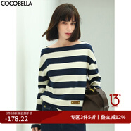 COCOBELLA藍(lán)白條紋一字領(lǐng)長(zhǎng)袖T恤女秋時(shí)尚船領(lǐng)針織上衣TS625 條紋 L