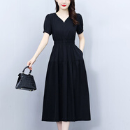 對蘭雪紡連衣裙女裝2025夏季新款赫本風(fēng)氣質(zhì)顯瘦中長(cháng)款小黑裙子有口袋 黑色 M