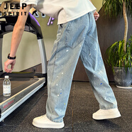 JEEP SPIRIT2025新款夏季水洗淺色牛仔褲男潮牌寬松直筒褲褲子男款薄款彎刀褲 藍色 XL 建議145-165斤