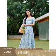 茵曼（INMAN）度假風(fēng)海邊印花連衣裙2025夏季女裝新品方領(lǐng)泡泡袖收腰長(cháng)裙子 釉藍色 L