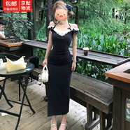 緋垚連衣裙夏女蕾絲拼接辣妹A字裙子新款一字肩純欲風(fēng)收腰開(kāi)叉長(cháng)裙 【藏青色（長(cháng)款）】 M