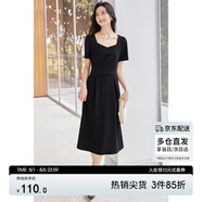 尚都比拉輕職場藍(lán)色連衣裙女夏季收腰中長裙泡泡袖裙子 黑色152L80063  M