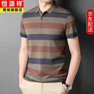 恒源祥短袖T恤男條紋翻領(lǐng)高端休閑絲光棉夏季中年半袖polo.衫上衣服男裝 MMSJ45-8906咖色 XL 175