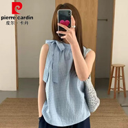 皮爾卡丹2025夏季法式復古設計感小眾格子襯衫女蝴蝶結(jié)無袖背心寬松上衣女 藍色 S (80-90)