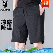 花花公子冰絲短褲男款夏季休閑男士短褲2025新款大碼潮速干運動五分褲外穿 黑色 2XL 【建議135-150斤】