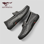 七匹狼（SEPTWOLVES）頭層牛皮豆豆鞋男鞋子男士秋季商務(wù)休閑皮鞋一腳蹬樂(lè )福鞋 灰色 41