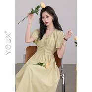 又巷【夏日暮野】簡單大方連衣裙2025夏季新款時尚v領(lǐng)褶皺a字裙女 櫻草黃 L