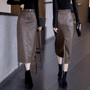 羅蒙秋冬裙子2026新款pu皮裙大碼半身裙高腰中長(cháng)款直筒一步包臀裙長(cháng)裙 咖色單裙 2XL 125-135斤