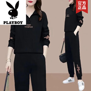 花花公子（PLAYBOY）棉質時尚運動套裝女2025春秋季新款大碼女裝韓版寬松休閑顯瘦兩件 黑色[上衣+褲子]不起球不掉色 XL 建議111-125斤