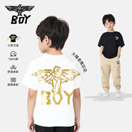 BOY JUNIOR夏季潮牌男女兒童裝圓領(lǐng)背面翅膀燙金印花寬松短袖T恤K01141 白色 150