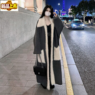 Sorrynam毛領(lǐng)過(guò)膝長(cháng)款拼水貂絨毛毛感開(kāi)衫毛衣秋冬寬松慵懶風(fēng)外套加厚 加長(cháng)灰色【裙長(cháng)118cm】 L