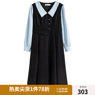獨束大碼女裝假兩件撞色襯衫領(lǐng)連衣裙女秋冬微胖mm文藝復(fù)古穿搭裙子 墨染黑【適合160左右】 M