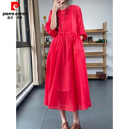 皮爾卡丹（pierre cardin）意大利尾單剪標(biāo)女寬松苧麻大擺長(zhǎng)裙七分袖棉麻亞麻連衣裙 紅色（少量現(xiàn)貨） XL 【建議130-150斤】
