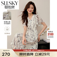 熙世界國(guó)風(fēng)水墨印花V領(lǐng)連衣裙女夏季2025新款荷葉袖媽媽雪紡裙子 水墨黑 M
