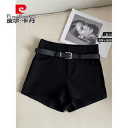 皮爾卡丹（pierre cardin）高腰性感辣妹休閑毛呢短褲女秋冬新款百搭煙管修身顯瘦黑色靴褲子 黑色 【暗扣短褲款】 XS