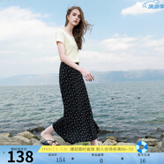 三彩2025夏季新款碎花半身裙斜裁A字裙松緊腰魚尾裙浪漫長(zhǎng)裙M 漆黑色花卉 M 160/68A