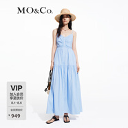 MO&Co.連衣裙夏藍(lán)白條紋氧氣感捏褶高腰吊帶長(zhǎng)裙摩安珂 藍(lán)白條色 S 160