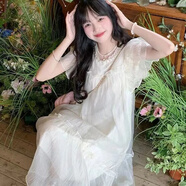 花語志小香風連衣裙裙子女夏季2025新款遮肚子小個子顯瘦寬松仙女裙減齡 釘珠飛飛袖法式連衣裙【米白色】 均碼 【建議90-115斤】
