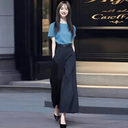 歐迪惠（Oudihui）2025年新款休閑褲女裝夏季冰絲短袖衣服通勤風(fēng)闊腿褲子女職業(yè)套裝 藍(lán)色上衣+黑色褲子 S