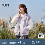 Semir森馬羅小黑外套女夾棉夾克寬松冬季仿兔毛拼色棒球服休閑 紫色調(diào)00377 M