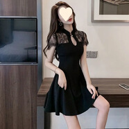 溥畔蕾絲連衣裙夏新款女裝旗袍改良版赫本復(fù)古裙小黑裙高腰 黑色【中袖500】 M 85-100斤